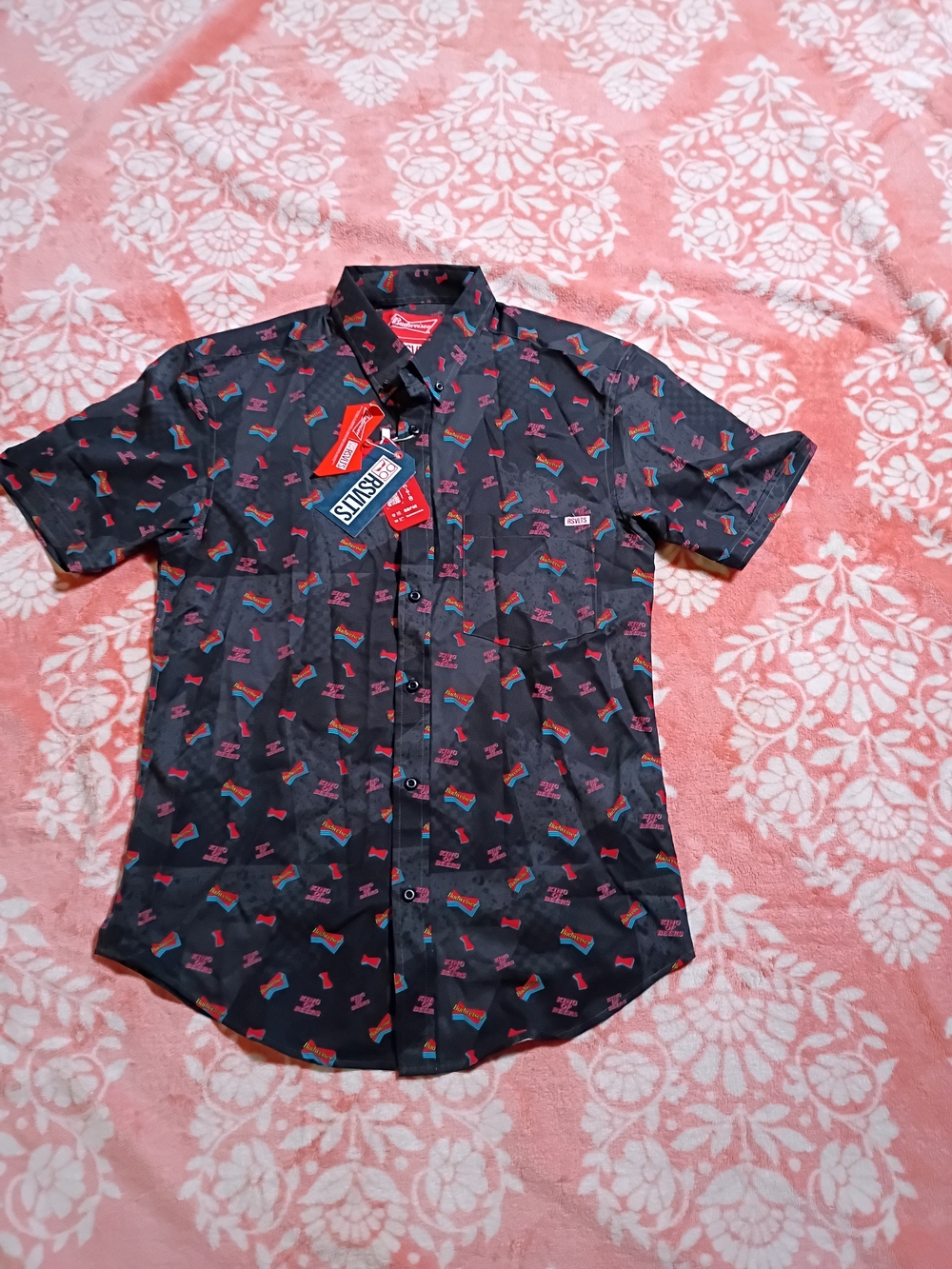 RSVLTS Shirt Mens Small Black Budweiser Short Sleeve Button Up Lightweight